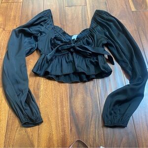 Juniper Blu Women’s Black Long Sleeve Crop Top Tie & Ruffles Size Small